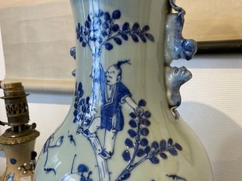 A Chinese blue and white celadon-ground vase, a pair of Nanking vases and a famille verte fish bowl, 19th C.