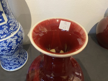 Un vase &agrave; d&eacute;cor 'Shou' en porcelaine de Chine en bleu et blanc et une paire de forme bouteille en sang de boeuf, 19/20&egrave;me