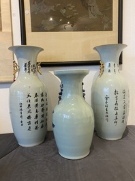 Two Chinese famille rose vases and a blue and white celadon vase, 19/20th C.