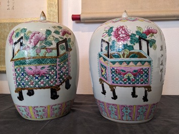 Two Chinese famille rose jars and covers with censers holding flowers, 19th C.