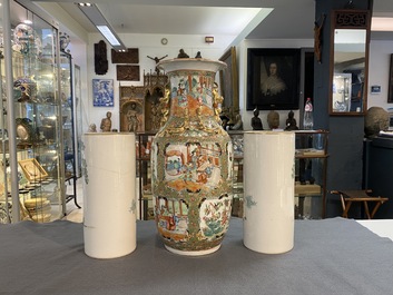 A pair of Chinese famille rose hat stands and a Canton famille rose vase, 19/20th C.