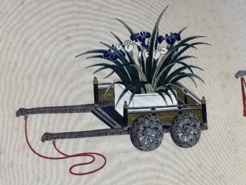 Navolger van Qu Zhaolin 屈兆麟 (1866-1937): 'Drie karren met bloemen',  inkt en kleur op papier, gedateerd 1945