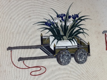 Suiveur de Qu Zhaolin 屈兆麟 (1866-1937): 'Trois chariots aux fleurs', encre et couleurs sur papier, dat&eacute; 1945