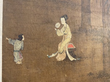 Chinese School: 'Lady and servant', ink and colour on silk, Ming