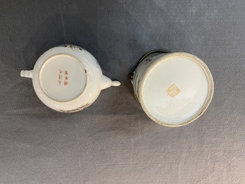 A Chinese qianjiang cai teapot signed Lin Jinshan 林謹善 and dated 1887 and a famille rose teapot, Guangxu mark and of the period