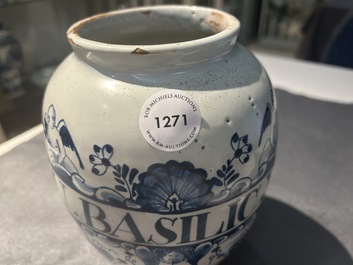 A blue and white English Delftware drug jar, probably London, 18th C.