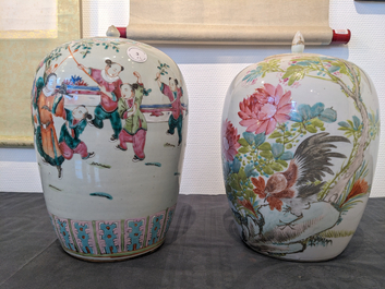 Two Chinese famille rose and qianjiang cai covered jars, 19th C.