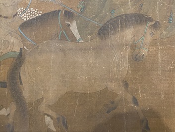 Ecole chinoise: 'Deux cavaliers et huit chevaux', encre et couleurs sur soie, probablement Ming