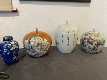 Four Chinese famille rose and blue and white covered jars, 19/20th C.