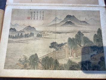 Navolger van Tang Yin 唐寅 (1470-1524): Vijf landschappen en een album met twee landschappen, inkt en kleur op zijde, 20e eeuw