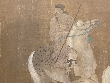 Chinese school: 'Twee ruiters met acht paarden', inkt en kleur op zijde, wellicht Ming
