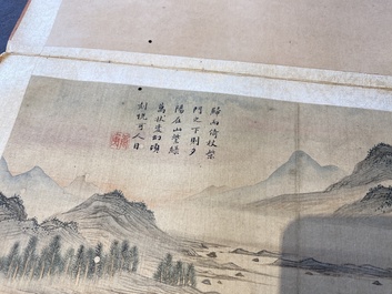 Navolger van Tang Yin 唐寅 (1470-1524): Vijf landschappen en een album met twee landschappen, inkt en kleur op zijde, 20e eeuw