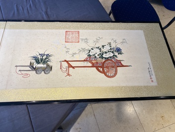 Navolger van Qu Zhaolin 屈兆麟 (1866-1937): 'Drie karren met bloemen',  inkt en kleur op papier, gedateerd 1945