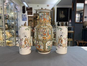 A pair of Chinese famille rose hat stands and a Canton famille rose vase, 19/20th C.