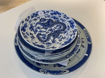 A Chinese blue and white dish and ten plates, 19th C.