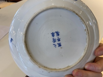 A Chinese blue and white dish and ten plates, 19th C.