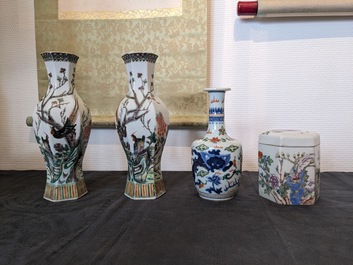 Six various Chinese porcelain vases and a covered jar, 19/20th C.