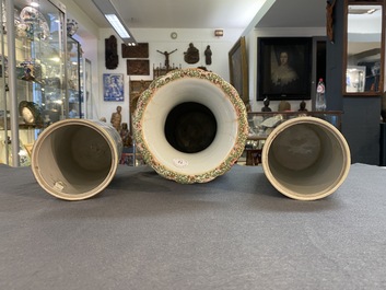 A pair of Chinese famille rose hat stands and a Canton famille rose vase, 19/20th C.