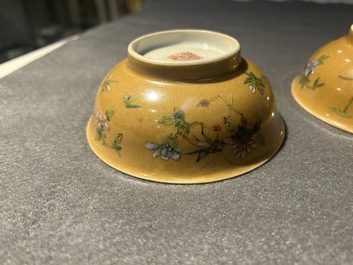 A pair of Chinese caf&eacute;-au-lait-ground famille rose 'grasshopper' bowls, Daoguang mark and of the period