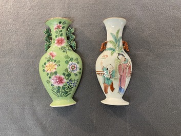 A Chinese reticulated famille rose hat stand and two wall pocket vases, 19/20th C.