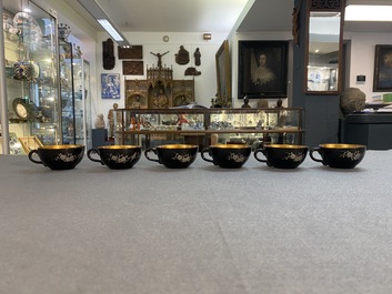 Two Chinese black Fuzhou or Foochow lacquer coffee services on trays, Republic