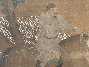Chinese school: 'Two riders and eight horses', ink and colour on silk, probably Ming