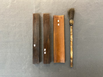 Cinq objets de lettr&eacute;s en bambou, bois incrust&eacute;, os et pierre &agrave; savon, Chine, 19/20&egrave;me