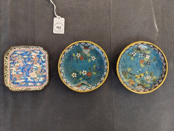 Two Chinese cloisonn&eacute; saucers, three Canton enamel covered boxes and a saucer, 18/19th C.