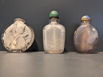 Eight Chinese agate, hardstone and quartz snuff bottles, 19/20th C.