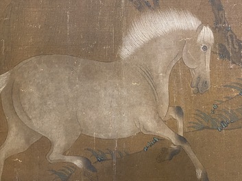 Chinese school: 'Two riders and eight horses', ink and colour on silk, probably Ming