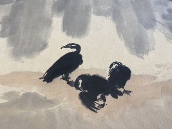 Xu Beihong 徐悲鴻 (1895-1953): 'Landscape with six cormorants&rsquo;, woodblock print by Rong Bao Zhai, 20th C.