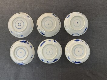 Six Chinese blue and white 'Lady and dog' cups and saucers, Kangxi