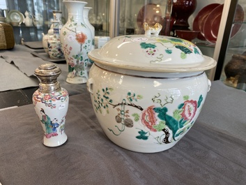 A Chinese silver-mounted famille rose vase and a covered bowl, 19th C.