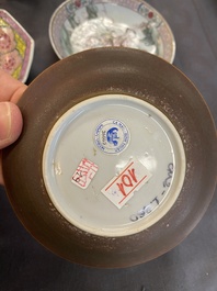 Four Chinese saucers and three cups in blue and white, doucai and famille rose porcelain, Kangxi and later