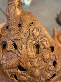 Three Chinese Yixing stoneware teapots with covers and a pair of famille rose pheasants, 19/20th C.