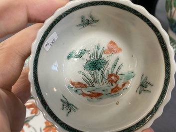 Three Chinese Kangxi-style caf&eacute;-au-lait-ground famille verte cups and saucers, rabbit mark, 19th C.