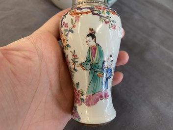 A Chinese silver-mounted famille rose vase and a covered bowl, 19th C.