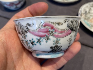 A pair of Chinese famille rose 'Valentine's doves' cups and saucers, Qianlong