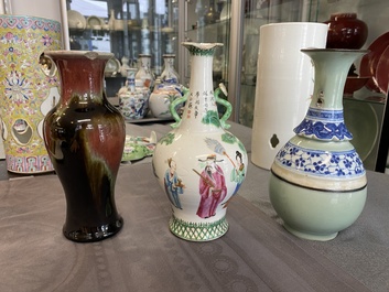 A Chinese famille rose, a flamb&eacute;-glazed and a blue and white celadon-ground vase, 19/20th C.