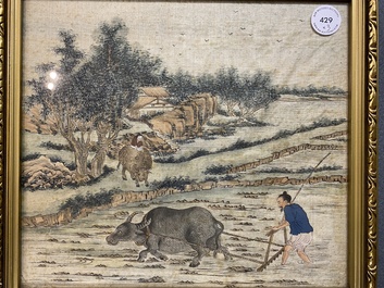 Chinese school: 'Drie sc&egrave;nes uit de rijstproductie', inkt en kleur op zijde, 19e eeuw