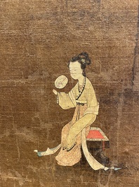 Chinese School: 'Lady and servant', ink and colour on silk, Ming