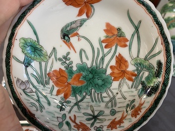 Three Chinese Kangxi-style caf&eacute;-au-lait-ground famille verte cups and saucers, rabbit mark, 19th C.