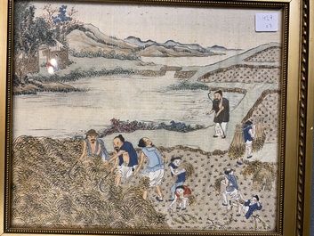 Chinese school: Three rice production scenes, ink and colour on silk, 19th C.