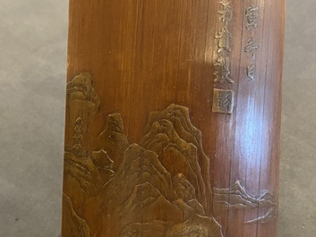 Cinq objets de lettr&eacute;s en bambou, bois incrust&eacute;, os et pierre &agrave; savon, Chine, 19/20&egrave;me