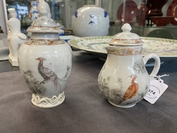 A Chinese iron-red and grisaille tea caddy and cream jug with fine pheasants, Yongzheng