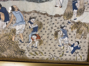 Chinese school: Three rice production scenes, ink and colour on silk, 19th C.
