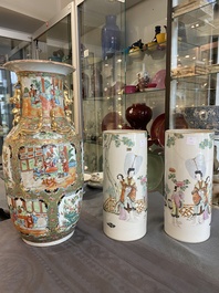 A pair of Chinese famille rose hat stands and a Canton famille rose vase, 19/20th C.