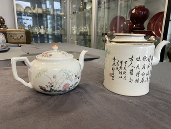 Een Chinese qianjiang cai theepot, gesigneerd Lin Jinshan 林謹善 en gedateerd 1887 en een famille rose theepot, Guangxu merk en periode