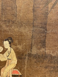 Ecole chinoise: 'Dame au servant', encre et couleurs sur soie, Ming