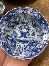A Chinese blue and white plate, a klapmuts bowl and a trick cup, Wanli/Yongzheng